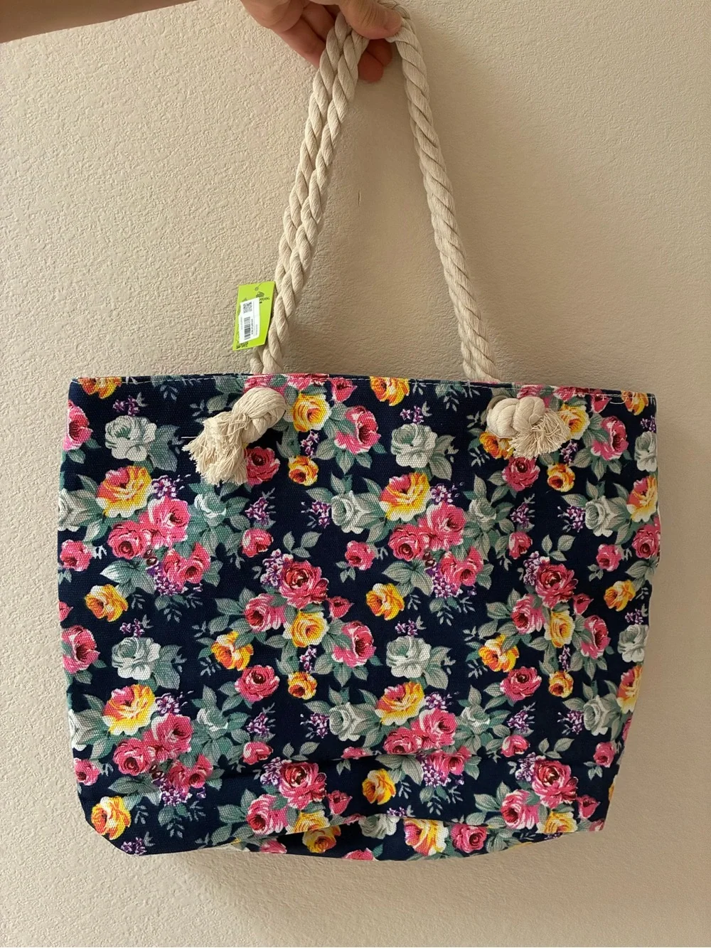 NWT Bali Floral Accent Tote Bag with Cream Rope Handles
